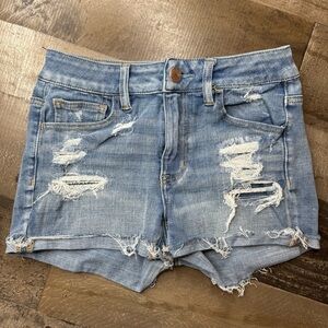 American Eagle High Rise Shortie Blue Jean Shorts with Distressed Style size 4